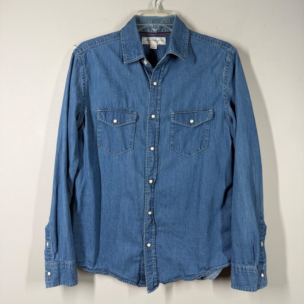 Aeropostale Mens Denim Chambray Pearl Snap Western Shirt Blue Sz Small 3064